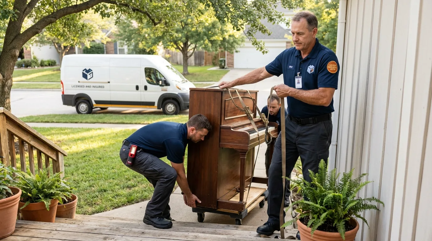 Licensed piano movers securing grand piano in Twin Lake, MI