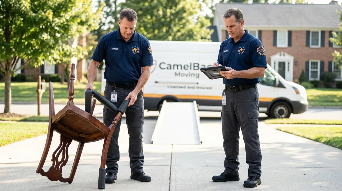 Movers inspecting furniture for damage prevention before loading in Twin Lake, MI