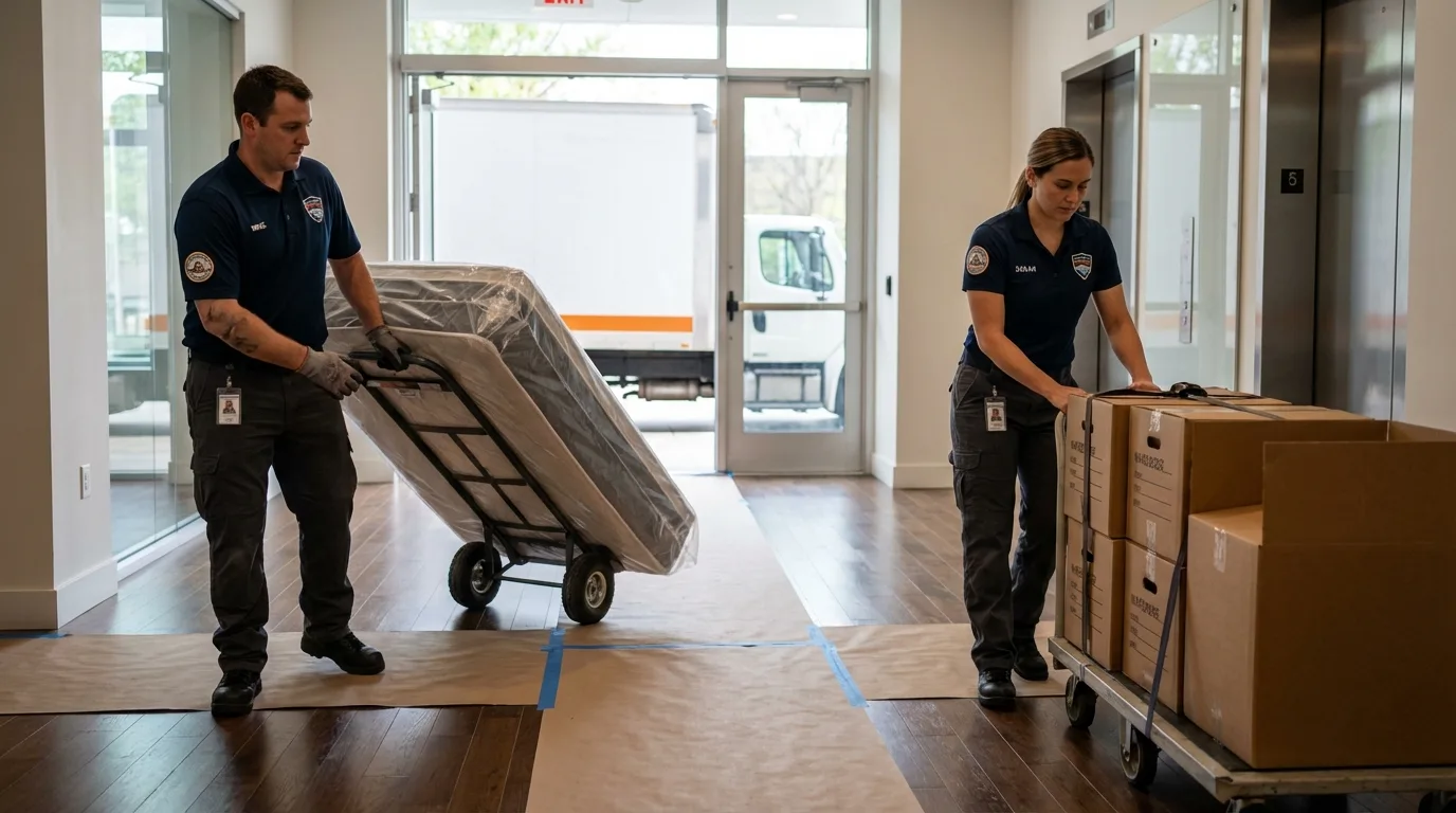 Professional apartment movers loading elevator in Twin Lake, MI