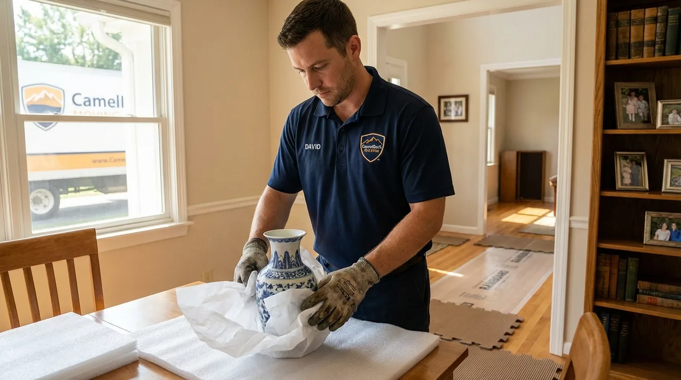 Professional crew carefully wrapping antique vase for senior downsizing move in Twin Lake, MI